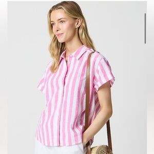 J. Crew NWT Linen Blend Striped Short Sleeve Button Up Shirt Size SMALL